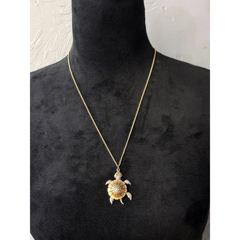 Vintage Style Two Tone Sea Turtle Pendant Necklace Gold Silver Tone‎ 24" Chain
